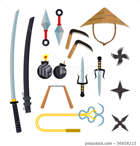 450x468 Ninja Weapons Set Vector. Assassin Accessories