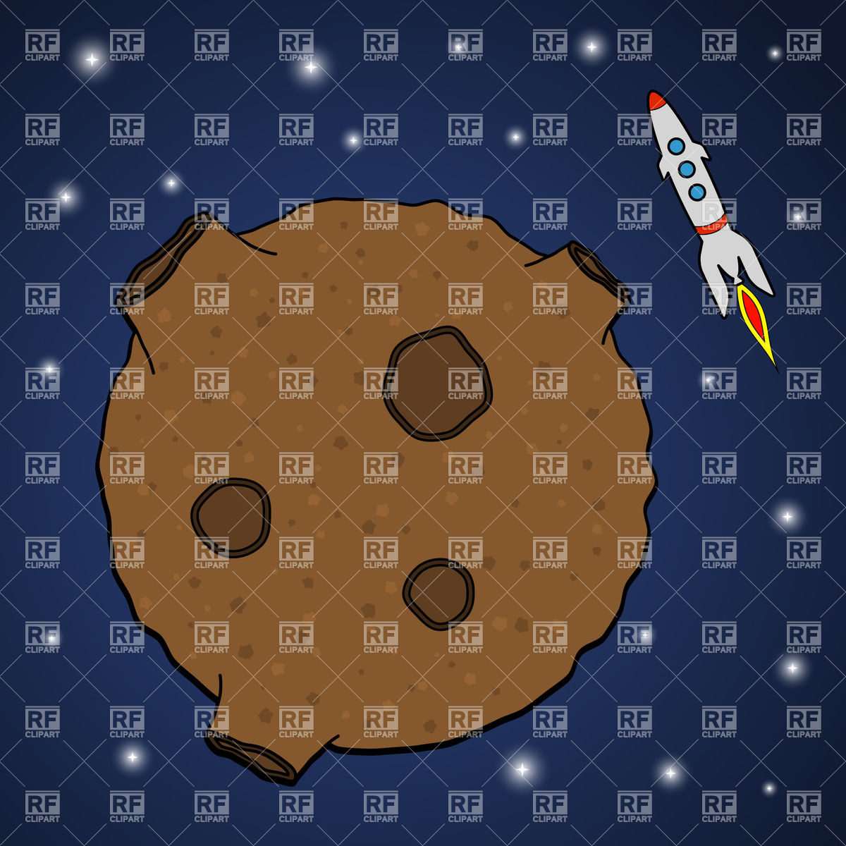 1200x1200 Cartoon Asteroid And Rocket In Space Among Shining Stars Vector