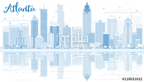 500x284 Outline Atlanta Skyline With Blue Buildings And Reflections