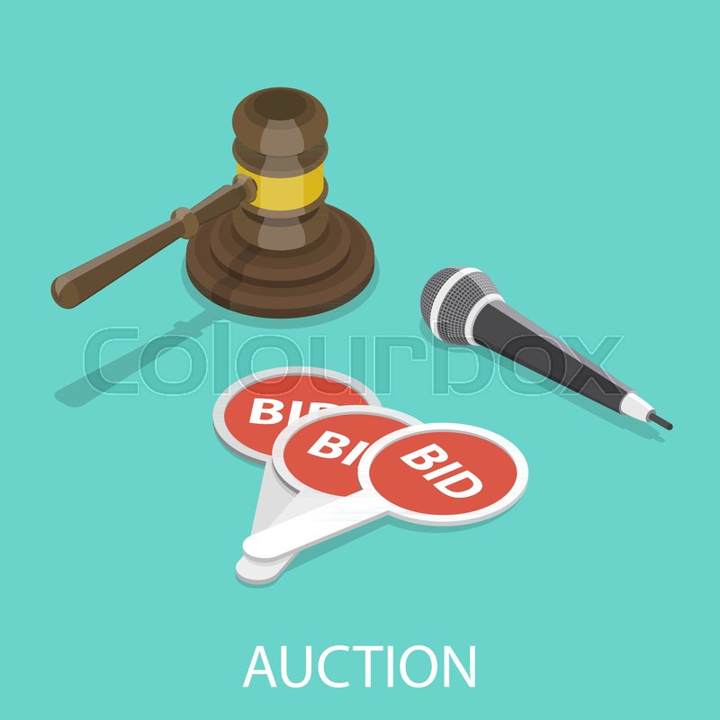 800x800 Auction Flat Isometric Vector Concept. Hammer, Microphone And