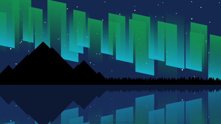 748x421 Aurora, Sea, Mountains, Digital Art, Vector, Night, Stars