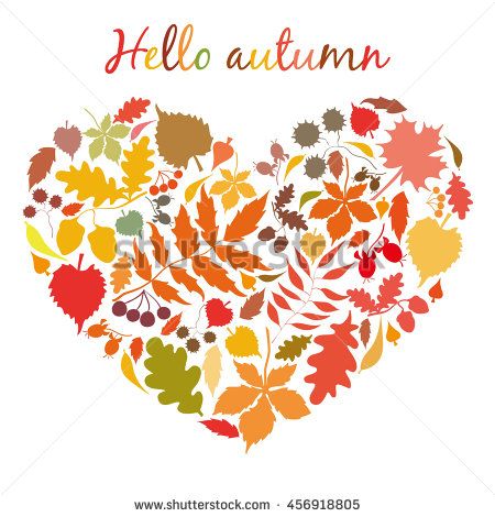 450x470 The Heart Of The Autumn Colorful Leaves. Postcard Hello Autumn