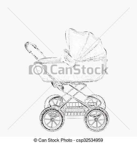 450x470 Hand Drawn Baby Carriage Sketch. Vector Illustration.