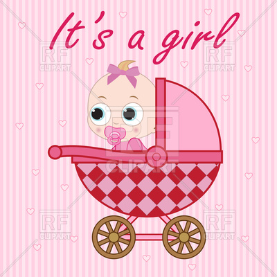 400x400 Little Baby Girl Sitting In The Baby Carriage. Vector Image