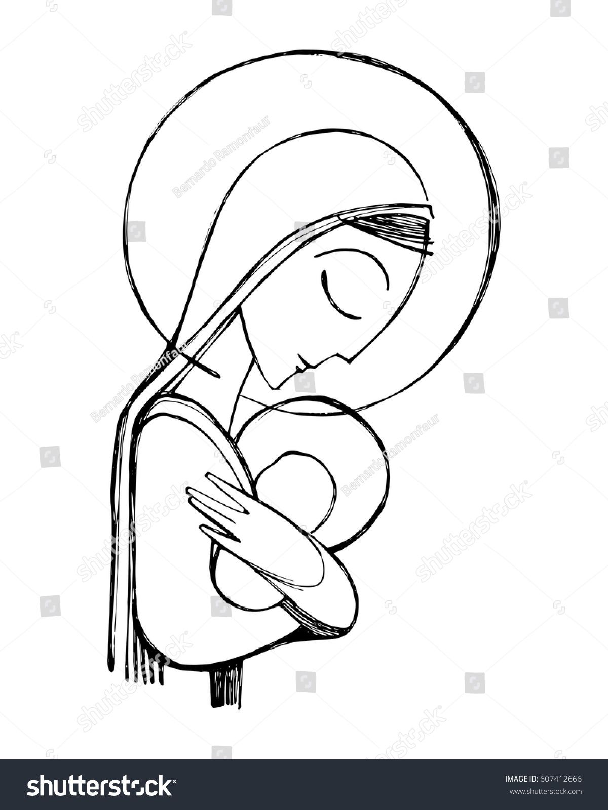 1200x1600 Hand Drawn Vector Illustration Or Drawing Of Virgin Mary And Baby