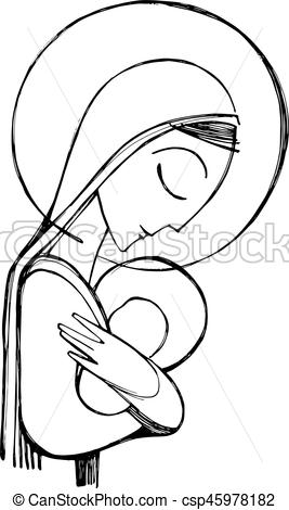 267x470 Virgin Mary And Baby Jesus Illustration. Hand Drawn Vector