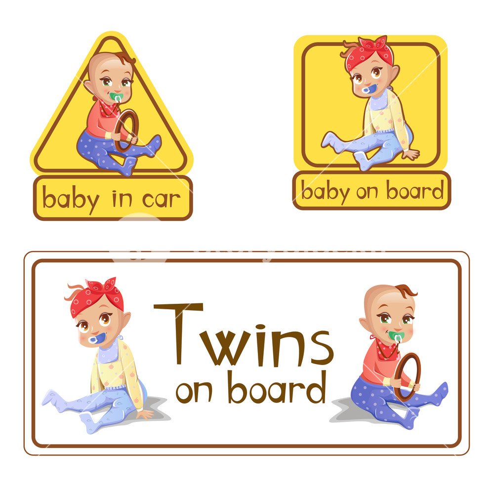 1000x1000 Baby In Car Sign Stickers Vector Illustration. Twins Girl And Boy