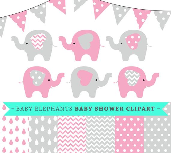 570x511 Premium Baby Shower Vector Clipart Baby Elephants Pink And Etsy