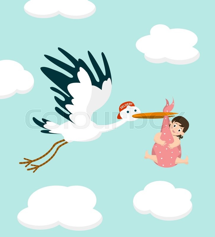 727x800 Stork Carrying A Cute Baby Girl. Newborn Baby. Vector Illustration