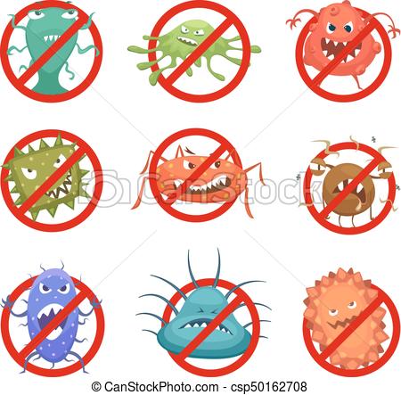 450x443 Red Round Signs With Different Bacteria And Germs. Vector Cartoon