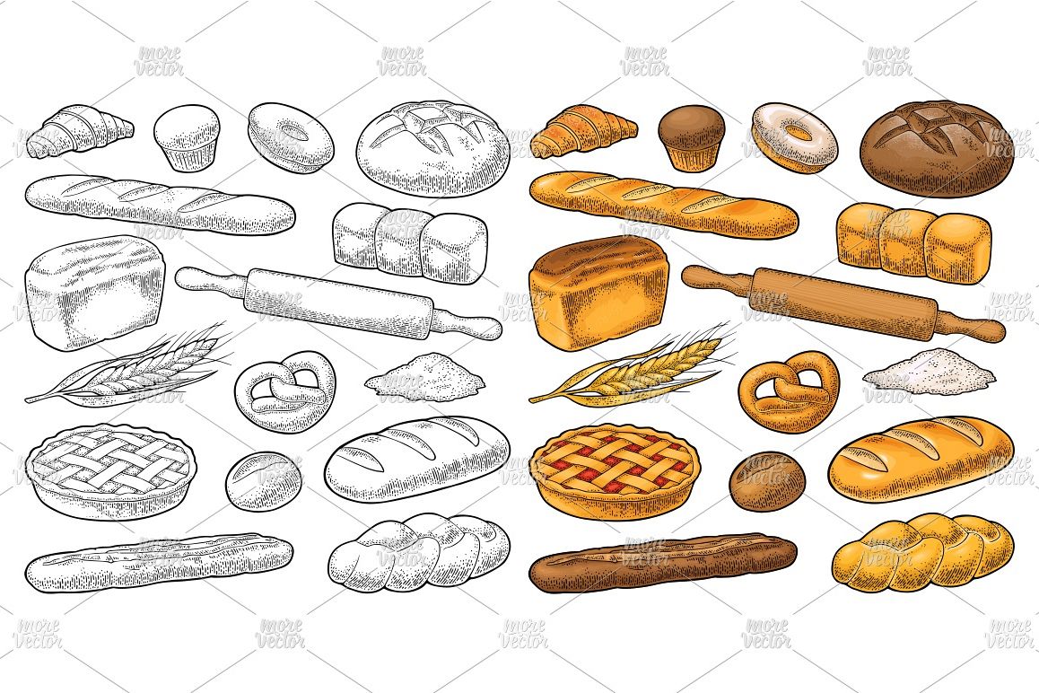 1158x772 Set Bakery. Vector Vintage Engraving
