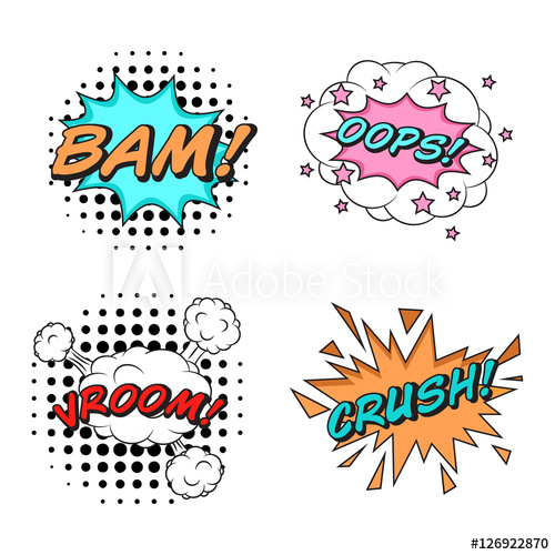 500x500 Comics Style Vector Stickers Set Of 4 Bam! Oops! Vroom! Crush