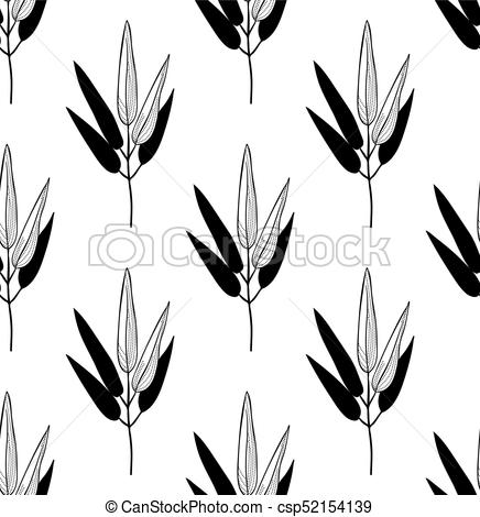 436x470 Vector Black Seamless Pattern With Drawn Bamboo Leaves. Vector