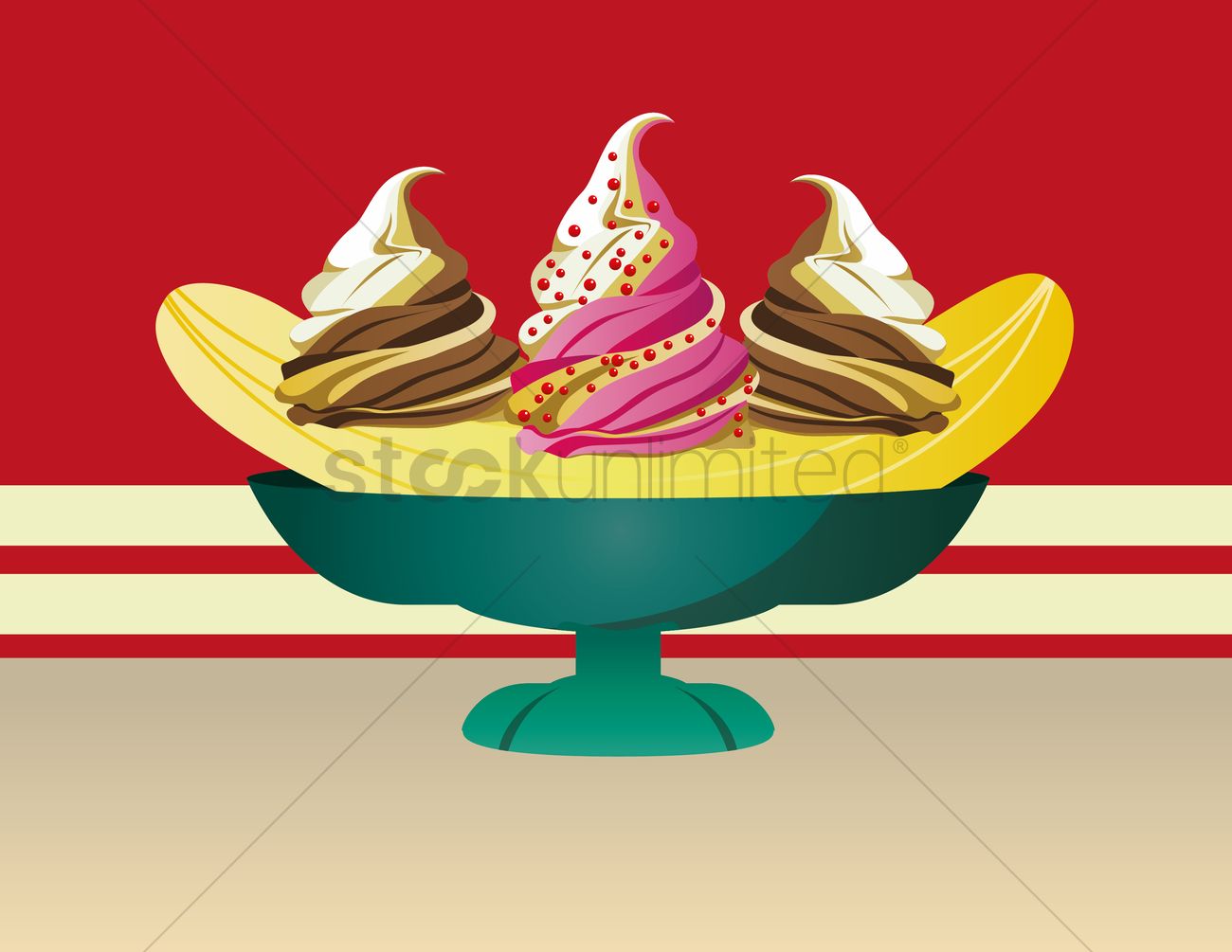 1300x1005 Delicious Banana Split Ice Cream Vector Image