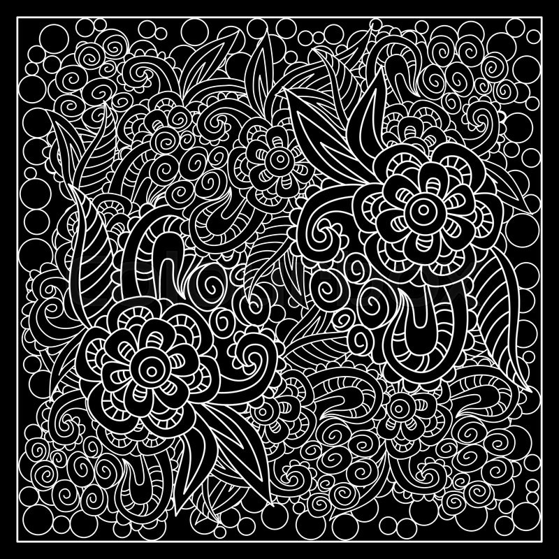 800x800 Black And White Abstract Bandana Print With Fantasy Flower. Square