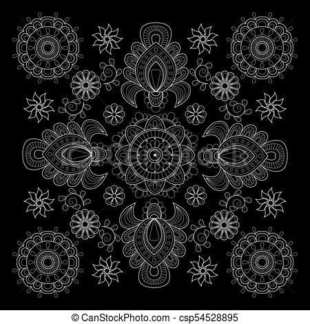 450x470 Black And White Bandana Print With Paisley. Square Pattern Design