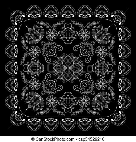 450x470 Black And White Bandana Print With Paisley. Square Pattern