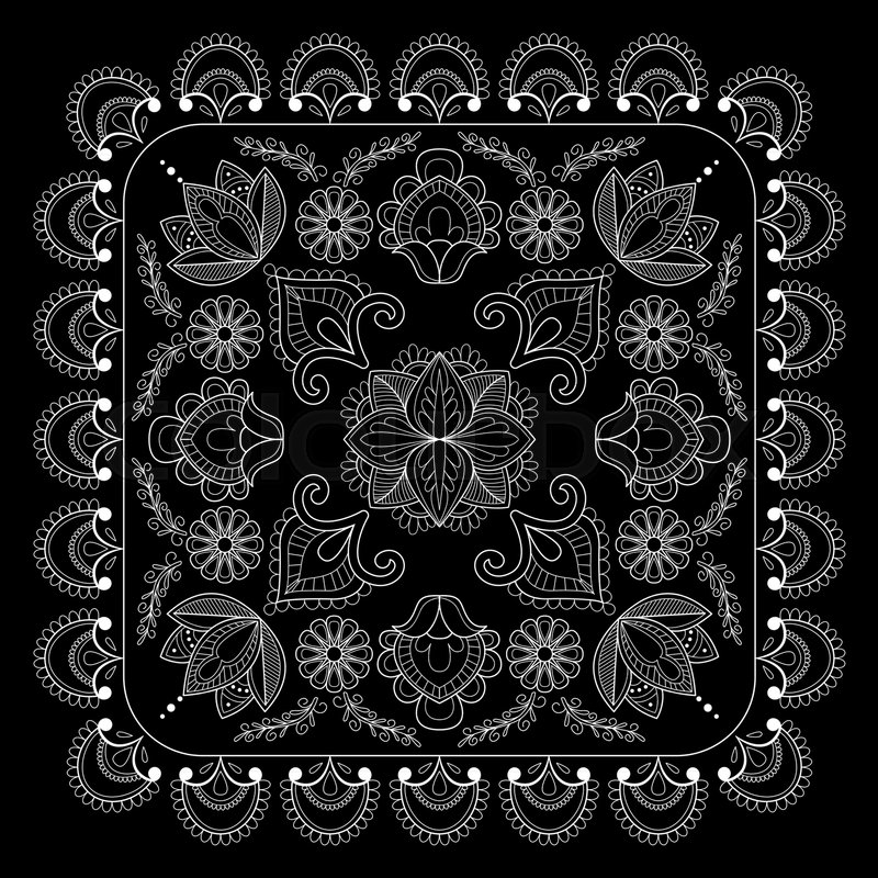 800x800 Black And White Bandana Print With Paisley. Square Pattern Design