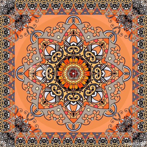 500x500 Greeting Card Or Vintage Bandana Print With Stylized Sun Mandala