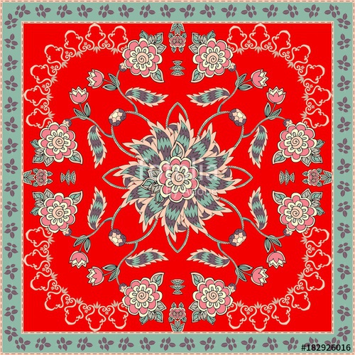 500x500 Bandana Print With Atylized Leaves And Flowers On Bright Red