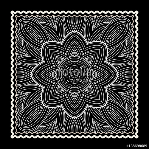 500x500 Black Bandana Print. Vector Ornamental Tile Pattern With Border