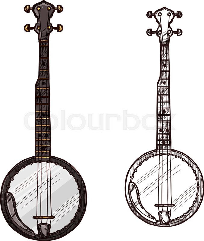 677x800 Banjo Guitar String Musical Instrument. Vector Sketch Symbol Of