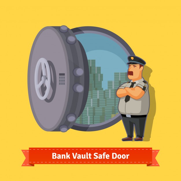 626x626 Bank Vault Room Safe Door With A Officer Guard Vector Free Download