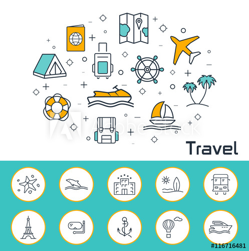 497x500 Travel Banner In Flat Style. Outline Vector Icons.