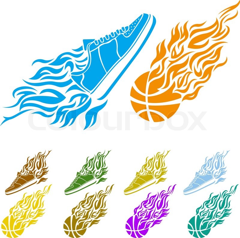 800x795 Basketball Ball In Flame Sneakers Vector Art Icon Color Stock