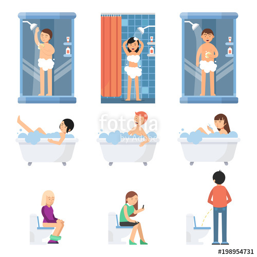 500x500 Different Funny People Take A Shower In Bathroom. Vector Pictures