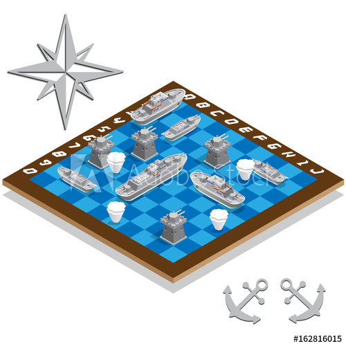 500x500 Battleship. Game Set. Isometric. Vector Illustration.