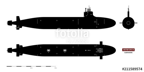 500x250 Black Silhouette Of Submarine. Military Ship. Top, Front And Side