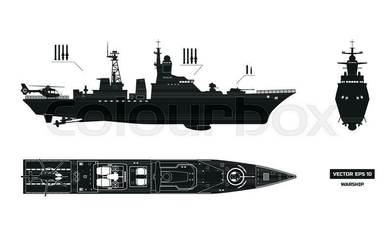 800x480 Detailed Silhouette Of Military Ship. Top, Front And Side View