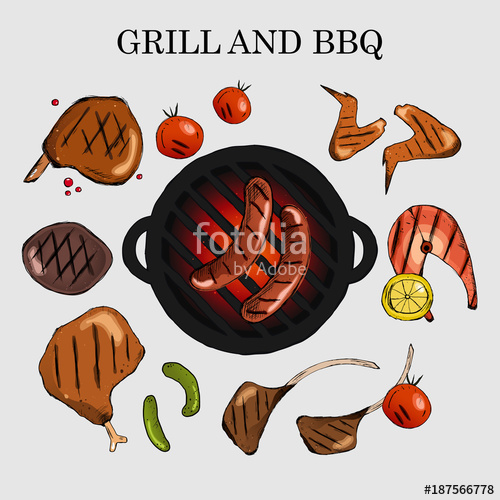 500x500 Vector Set Of Barbecue. The Food On The Grill. Chicken, Burgers