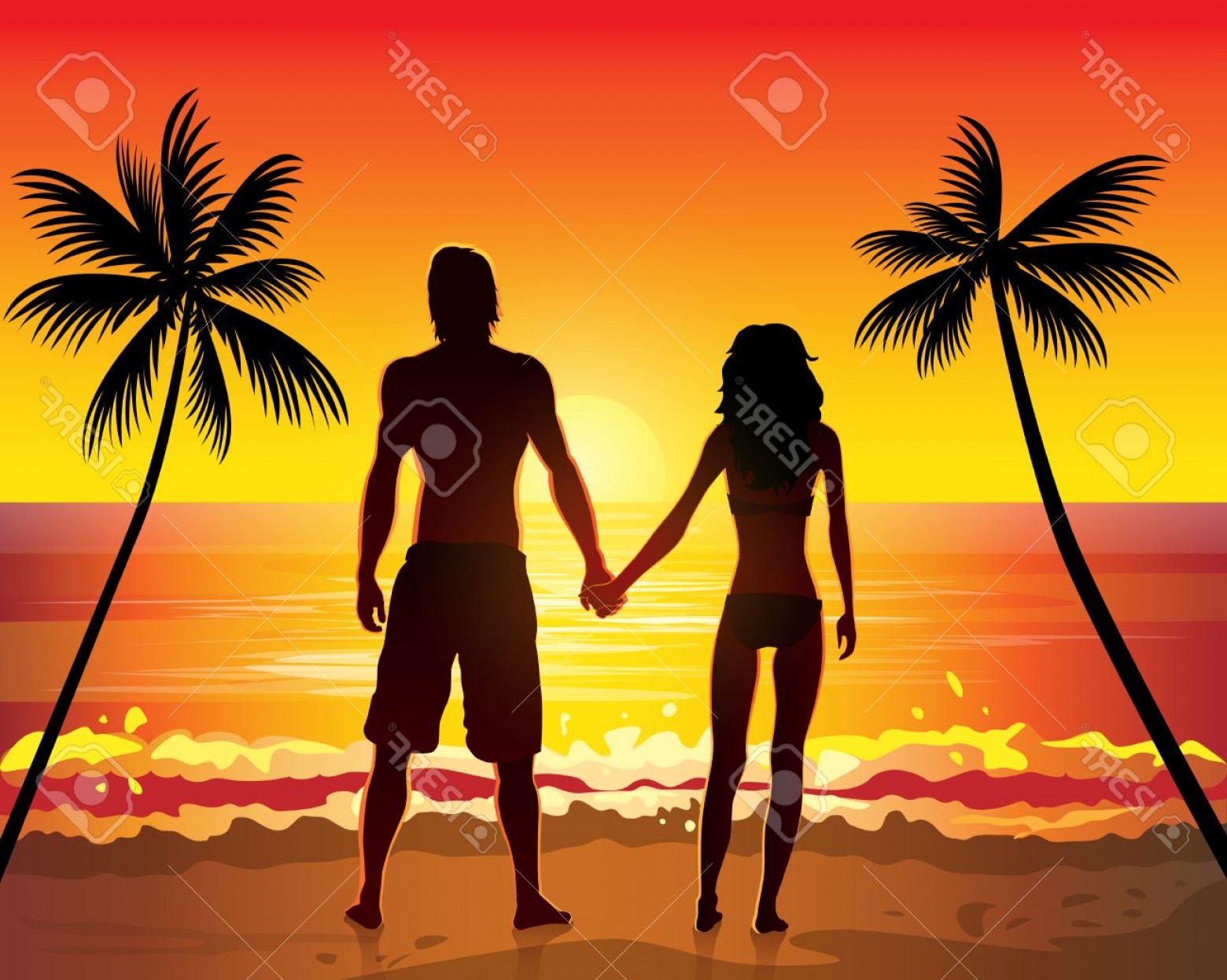 1560x1246 Photostock Vector Romantic Couple Holding Hands On Beach Sunset