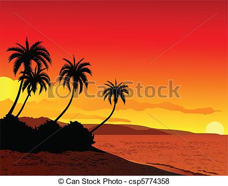 450x368 Vector Illustration Of Tropical Beach Sunset.