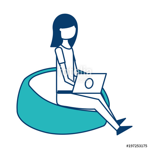 500x500 Young Smiling Woman Sitting Working With Laptop On Bean Bag Vector