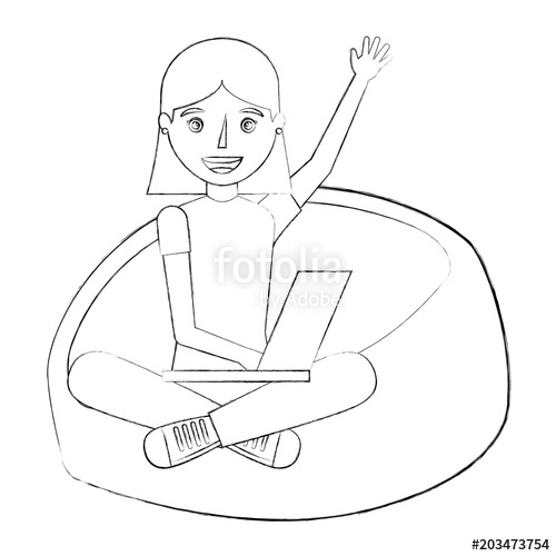 500x500 Young Woman With Laptop Sitting In The Bean Bag Chair Vector