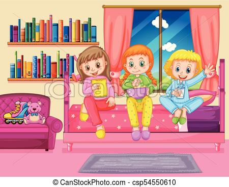 450x367 Three Girls Eating Snack In Bedroom Illustration.