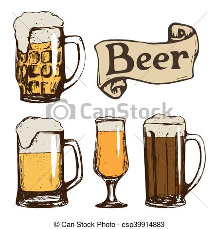 450x470 Set Of Hand Drawn Glasses Of Beer. Set Of Beer Glasses. Hand Drawn