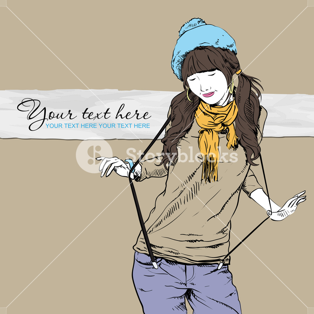 1000x1000 Autumnal Fashion Girl With Beret On A Grunge Background. Vector
