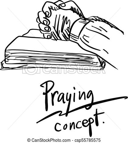 422x470 Close Up Hand Praying On Bible Vector Illustration Sketch Hand