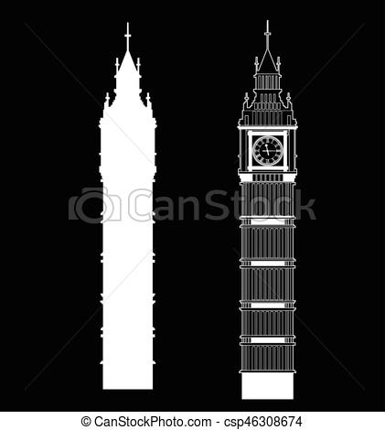 421x470 Big Ben Vector Contur And Silhouette. England Or London Icon Set.