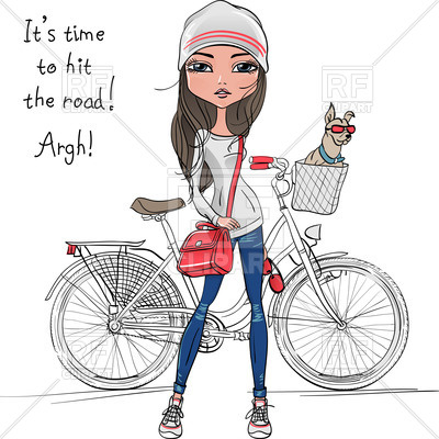 400x400 Cute Woman With Bike And Dog Vector Image Vector Artwork Of
