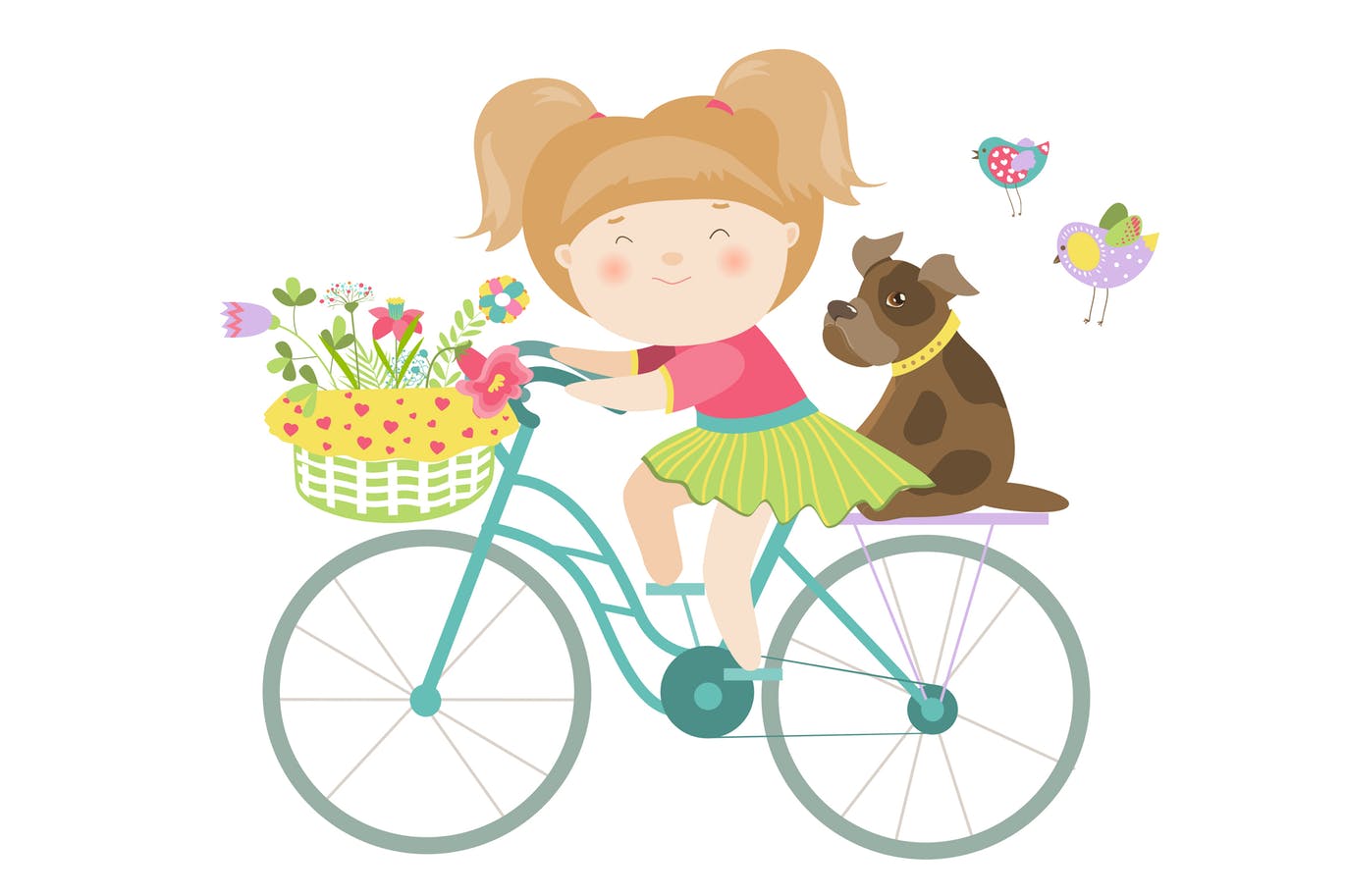 1370x913 Cute Beautiful Girl In Dress Rides A Bike. Vector Free Download