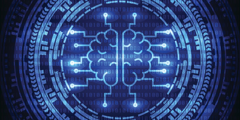 1024x512 Artificial Intelligence Brain With Ring Gears On Binary Code