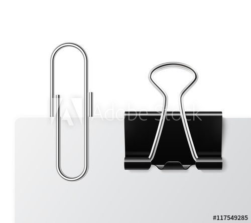 500x444 Realistic Paper Clip And Black Binder Clip On White Paper. Vector