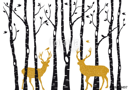 500x350 Birch Trees With Gold Christmas Reindeer, Vector Stock Image And