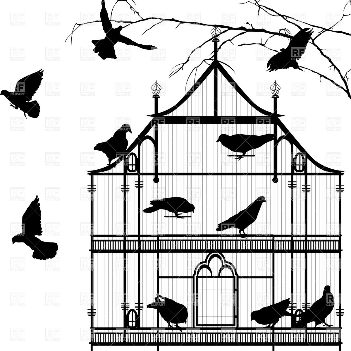 1200x1200 Silhouettes Of Birds And Birdcage Vector Image Vector Artwork Of