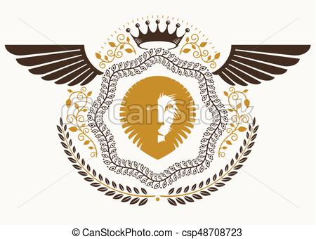 450x340 Vintage Heraldry Design Template With Bird Wings, Vector Emblem